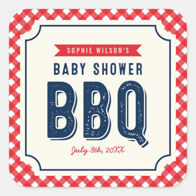 Sticker Carré En vichy rouge et Baby shower BBQ bleu (Devant)