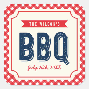 Sticker Carré En vichy rouge et BBQ d'été bleu