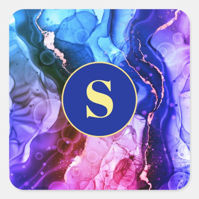 Sticker Carré Encre Liquide Bleue, Violette & Rouge-Violet, Mono (Devant)