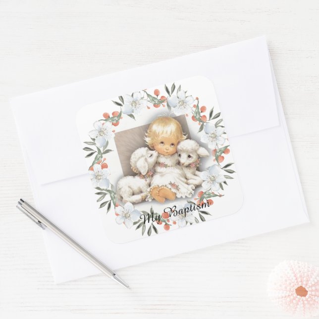 Sticker Carré Enfant avec agneau - Batism Invitation (Enveloppe)