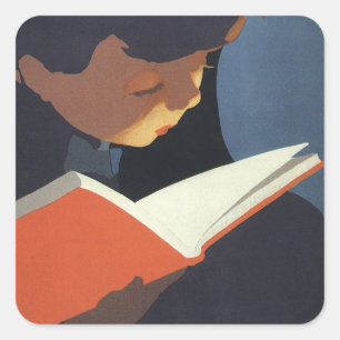Sticker Carré Enfant de style rétro lisant un livre de la biblio