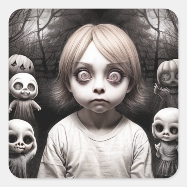 Sticker Carré Enfant Freaky aux grands yeux Halloween (Devant)