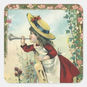 Sticker Carré Enfant victorien vintage, Fille soufflant Bugle Me