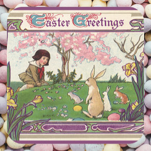 Sticker Carré Enfant Vintage à la chasse aux œufs de Pâques avec