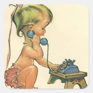 Sticker Carré Enfant Vintage Mignonne Fille Blonde Parlant sur u