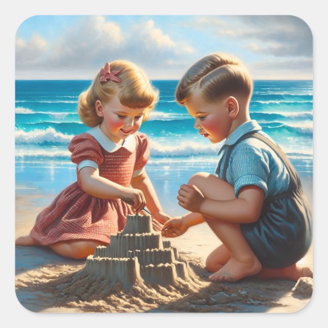 Sticker Carré Enfants Bâtir un château de sable sur la plage (Devant)