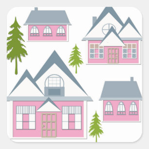 Sticker Carré Enfants dessin animé village maisons arbres rose 
