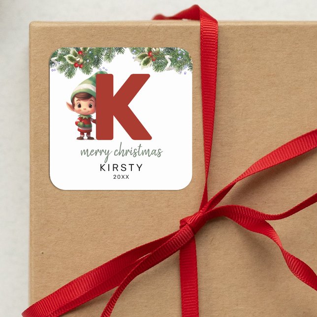 Sticker Carré Enfants Elf Initial K Noël (Créateur téléchargé)