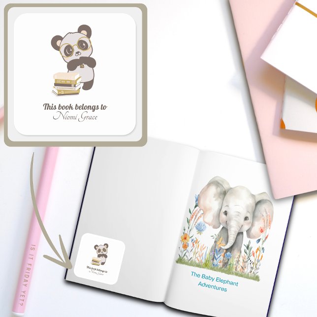 Sticker Carré Enfants Lecture plaque livre Lover (Reading Collection Bookplate Panda)