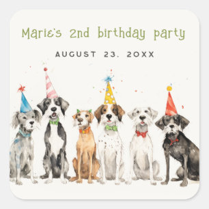 Sticker Carré Enfants mignons Aquarelle Chien mou Fête d'anniver