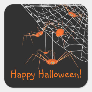 Sticker Carré Enfants Orange Halloween Araignées