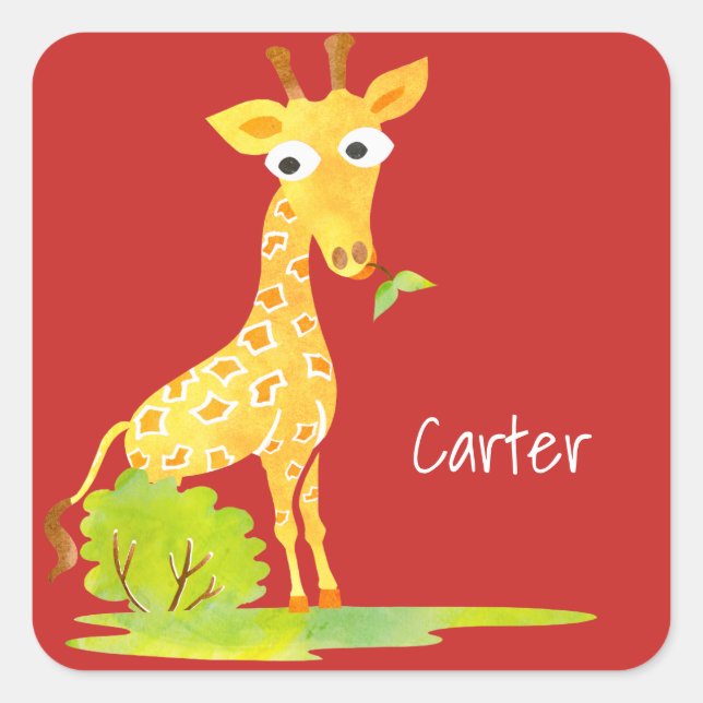 Sticker Carré Enfants Personnalisé Aquarelle Giraffe Rouge (Devant)