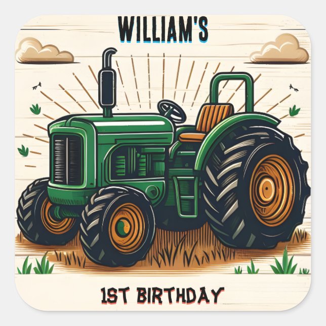 Sticker Carré Enfants retro garçon tracteur cool premier 1er ann (Devant)
