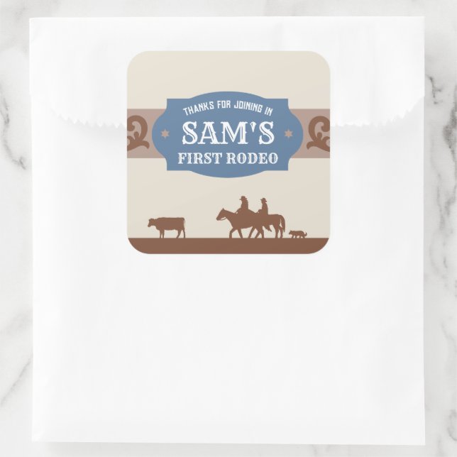 Sticker Carré Enfants Rodeo Blue/Brown Western Anniversaire Part (Sac)