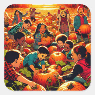 Sticker Carré Enfants s'amuser à la Citrouille Patch Halloween
