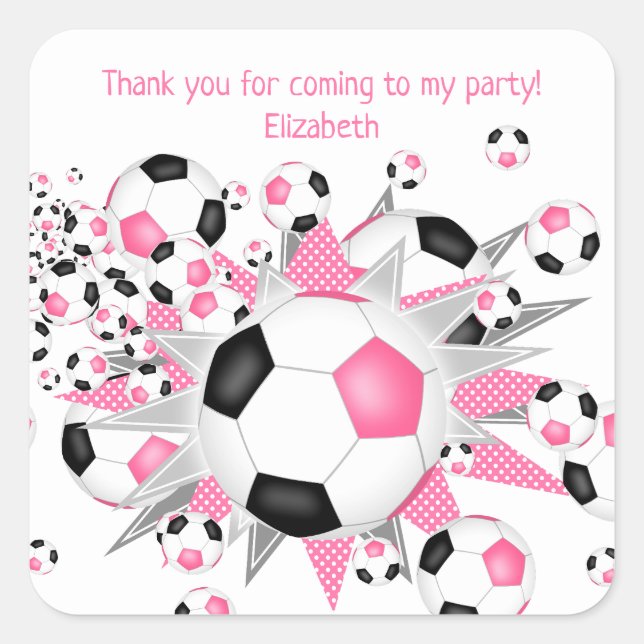 Sticker Carré enfants sport anniversaire rose noir soccerball so (Devant)