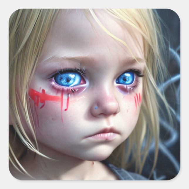 Sticker Carré Enfants tribaux | Petite fille blonde Gros yeux bl (Devant)