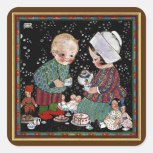 Sticker Carré Enfants vintage ayant une fausse partie de thé