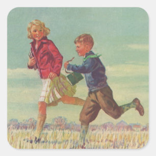Sticker Carré Enfants vintage courant à l'école portant des livr
