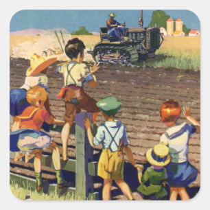 Sticker Carré Enfants vintage faisant signe à un agriculteur loc