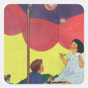 Sticker Carré Enfants vintage soufflant des bulles sous un parap
