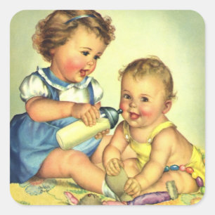 Sticker Carré Enfants vintage, tout-petits heureux et mignons so