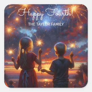 Sticker Carré Enfants vintages avec Sparklers 4 juillet Personna