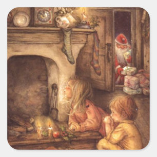 Sticker Carré Enfants vintages En Attente Du Père Noël
