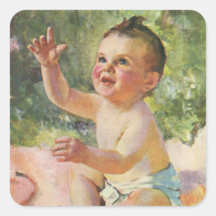 Sticker Carré Enfants vintages, mignonne petite fille sur une co