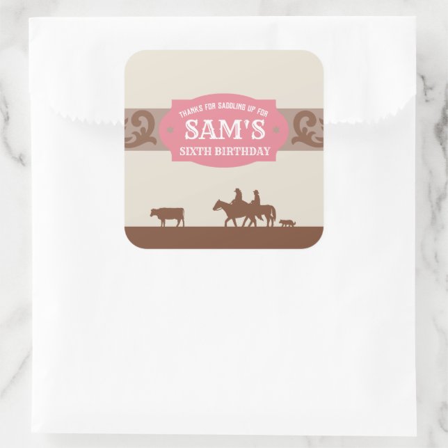 Sticker Carré Enfants Western Anniversaire fête rose/Merci Brown (Sac)