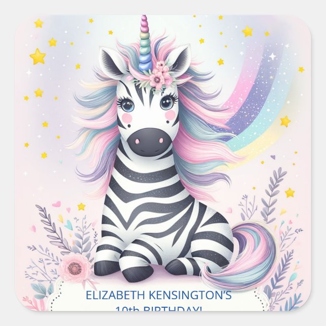Sticker Carré Enfants Zebra Unicorn Rainbow Birthday Party (Devant)