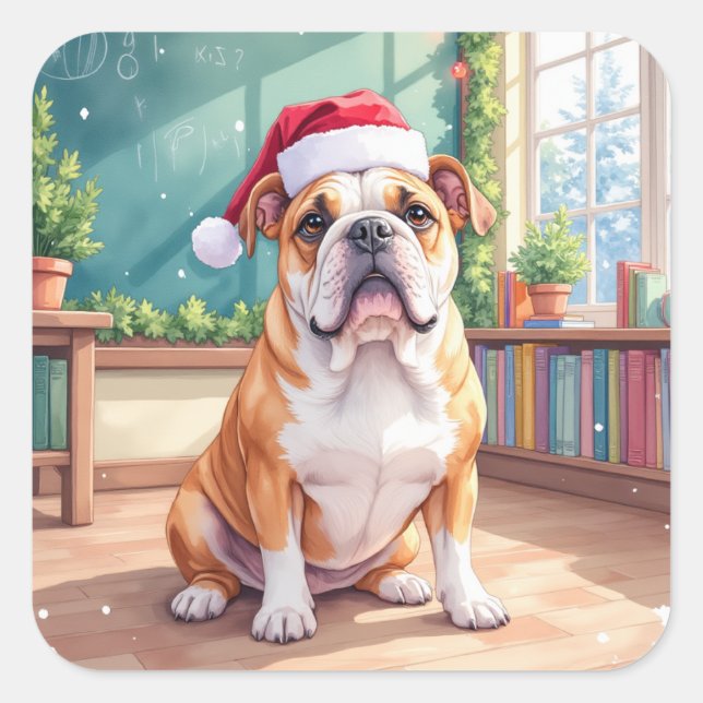 Sticker Carré English Bulldog Teacher Classroom Santa Hat (Devant)