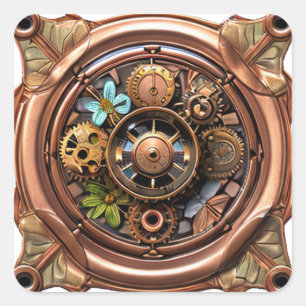 Sticker Carré Engrenages et fleurs Steampunk cuivre et or métal