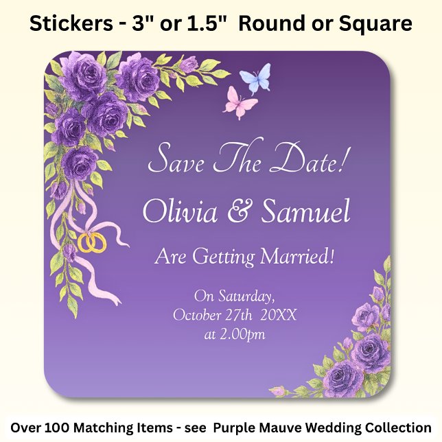 Sticker Carré Enregistrer La Date - Fleurs De Mauve Violet & Bla (Créateur téléchargé)
