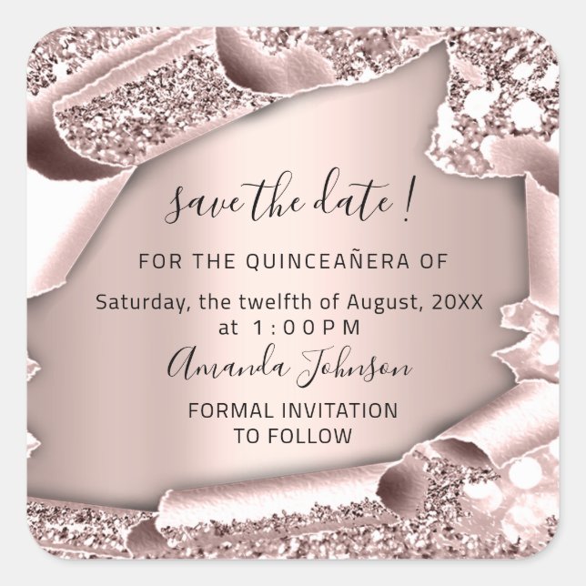 Sticker Carré Enregistrer la date QUINCEAÑERA Sweet 16e Rose (Devant)