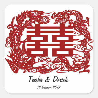 Sticker Carré enregistrer la date rouge double bonheur mariage