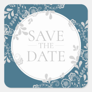 Sticker Carré Enregistrez la date Silver Blue Victorian Floral L