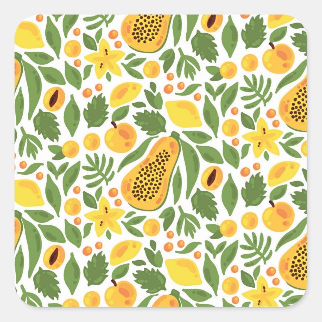 Sticker Carré Ensemble de fruits exotiques : papaye, citron, man (Devant)