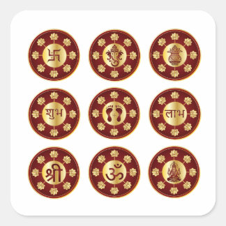 Sticker Carré Ensemble Shubh Labh Swastik de 9 Marron Doré Luxue