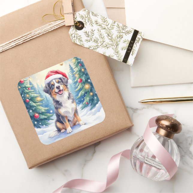 Sticker Carré Entlebucher Mountain Dog Forêt enneigée Père Noël (Cadeaux)