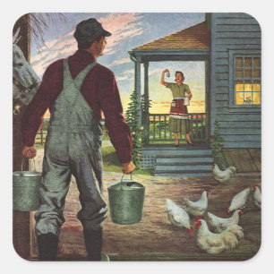 Sticker Carré Entreprise vintage, ferme avec fermier et poulet