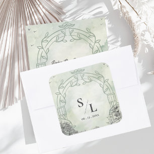 Sticker Carré Enveloppe de mariage à monogramme initial en vert