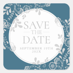Sticker Carré Épargnez la Date Argent Bleu Broderie Florale Vict