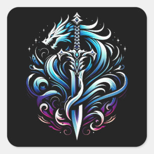 Sticker Carré Épée de dragon mystique de guerrier de fantaisie F