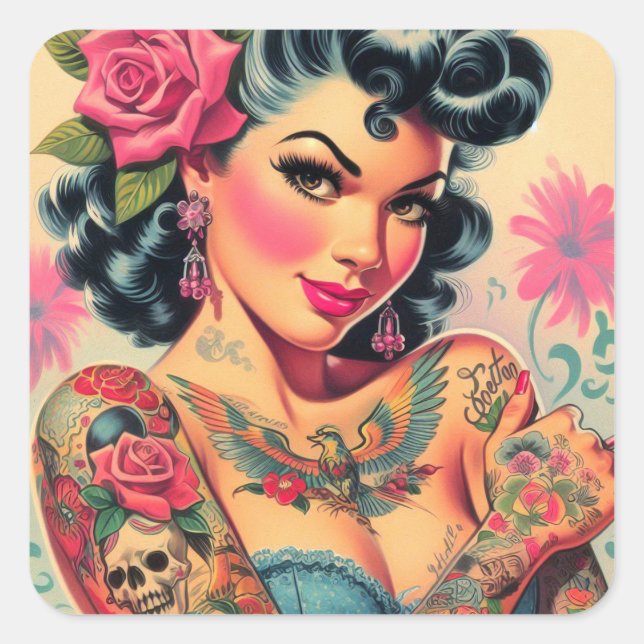 Sticker Carré Épingle à tatouage rétro (Devant)