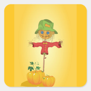 Sticker Carré Épouvantail d'automne et citrouilles Récolte d'aut