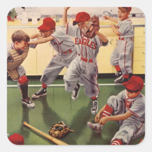 Sticker Carré Équipe vintage De Baseball, Boys Roughhousing