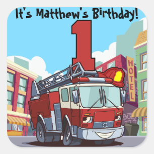 Sticker Carré ęr Camion de pompiers d'anniversaire