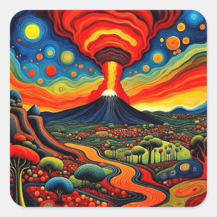 Sticker Carré Éruption du volcan la nuit 9