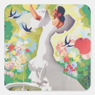 Sticker Carré Espagne Señorita Oiseaux Fleurs Fête Jardin
